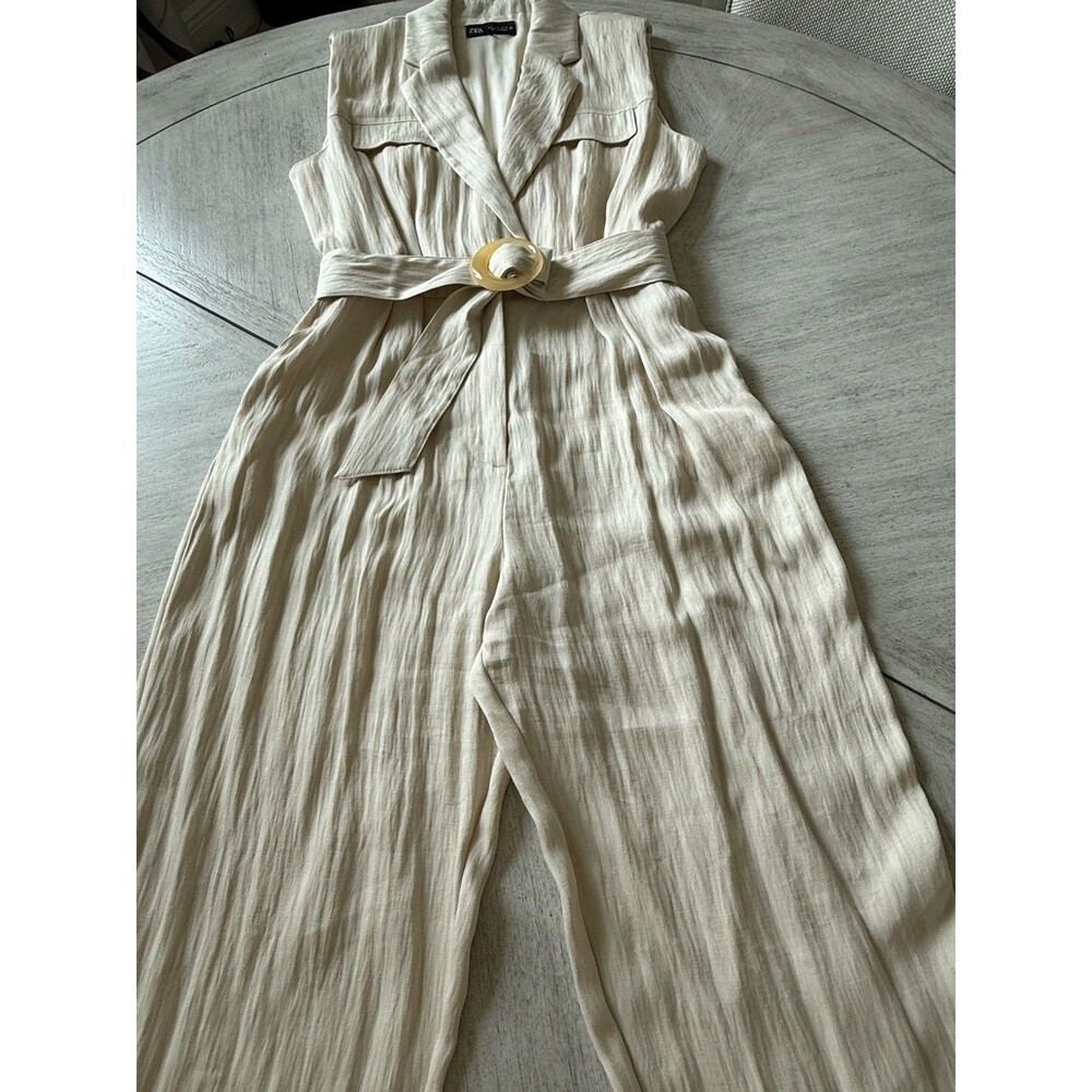 🎯 BEST TITLE: Zara Long Belted Jumpsuit Beige Women Size L Wide Leg Chic Style - Picture 14 of 16